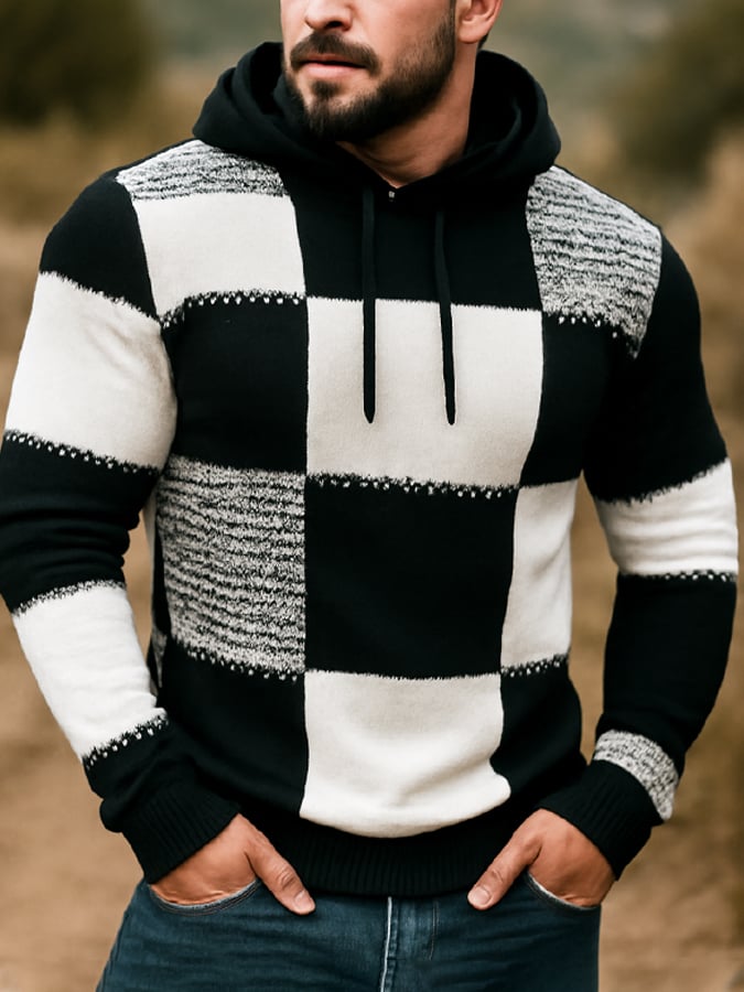 Men's Retro Stitching Contrast Color Zipper Neck Sweater