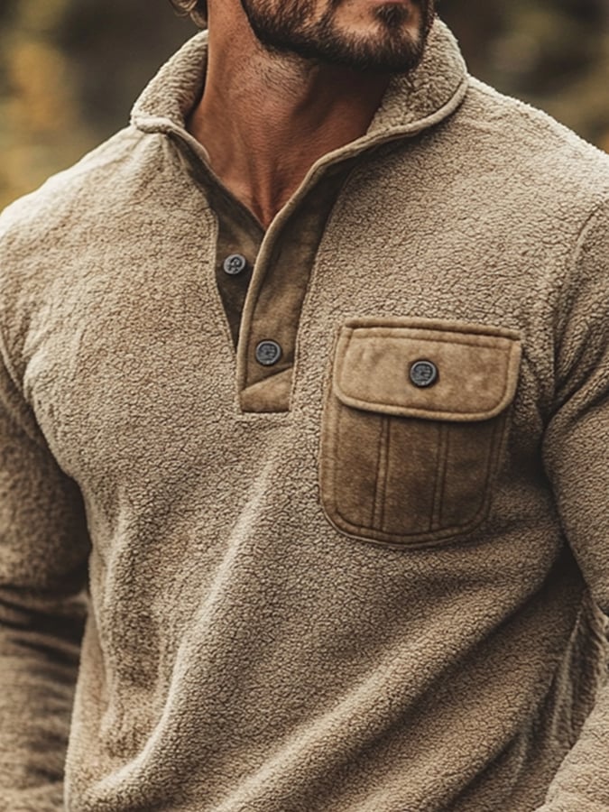 Men's Retro Polar Fleece Stitching Contrast Color Warm Casual Henley Collar Sweatshirt