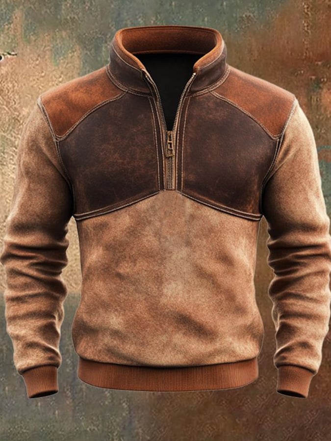 Men'S Casual Retro Contrast Color Zipper Stand Collar Long Sleeve Sweatshirt