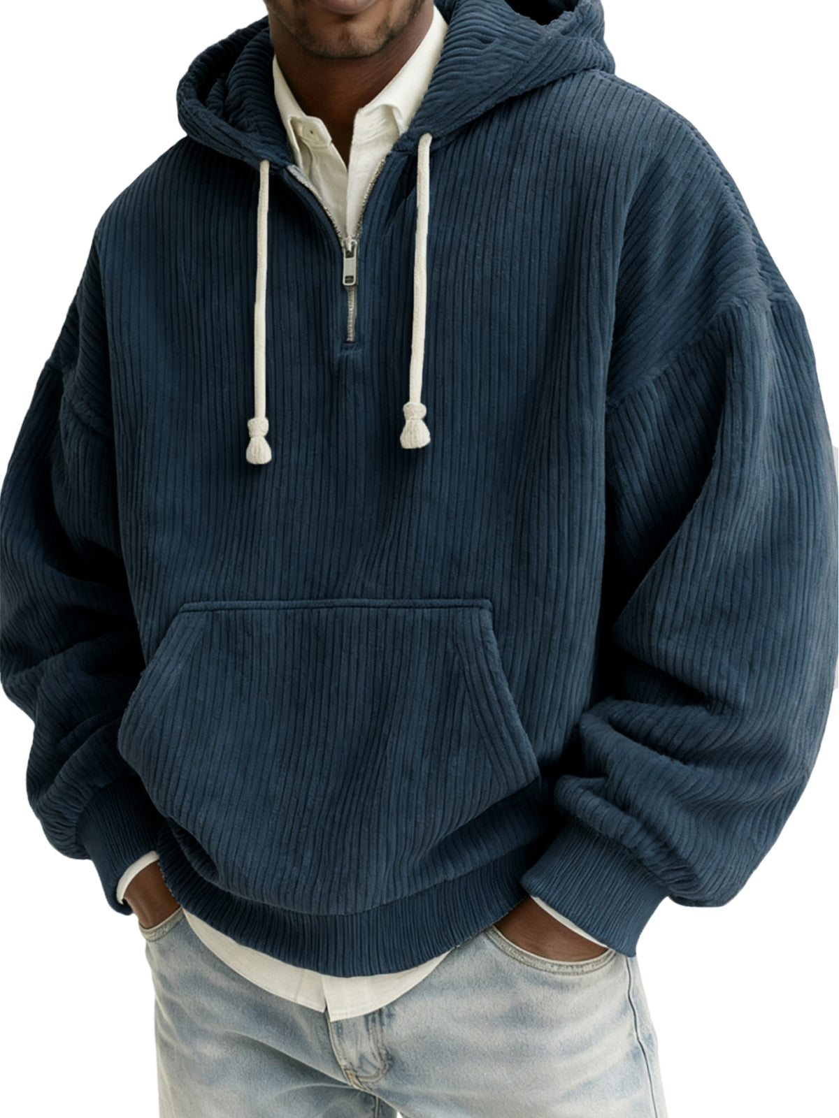 Men's Stylish Quarter-zip Corduroy Hooded Sweatshirt with Kangaroo Pockets