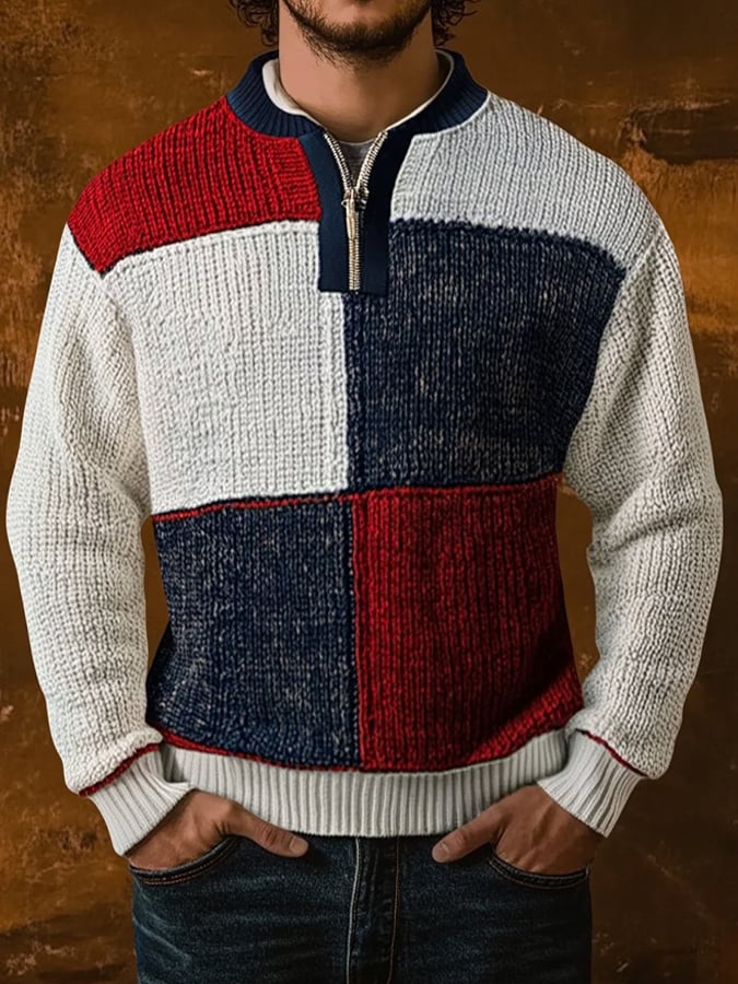 Men's Retro Stitching Contrast Color Zipper Neck Sweater