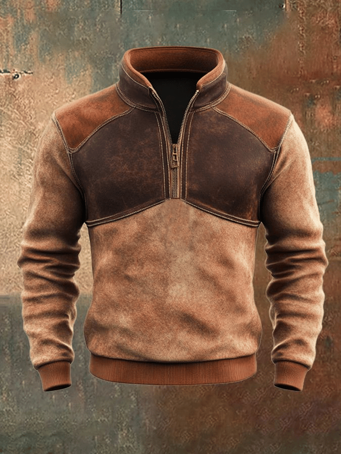 Men'S Casual Retro Contrast Color Zipper Stand Collar Long Sleeve Sweatshirt