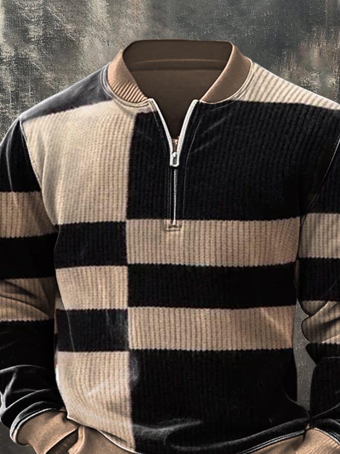 Men'S Casual Retro Contrast Color Half Zip Stand Collar Long Sleeve Sweatshirt