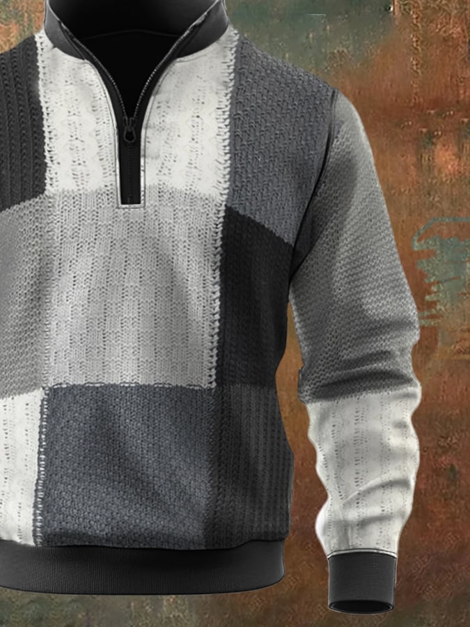 Men'S Casual Retro Contrast Color Half Zip Stand Collar Long Sleeve Sweatshirt