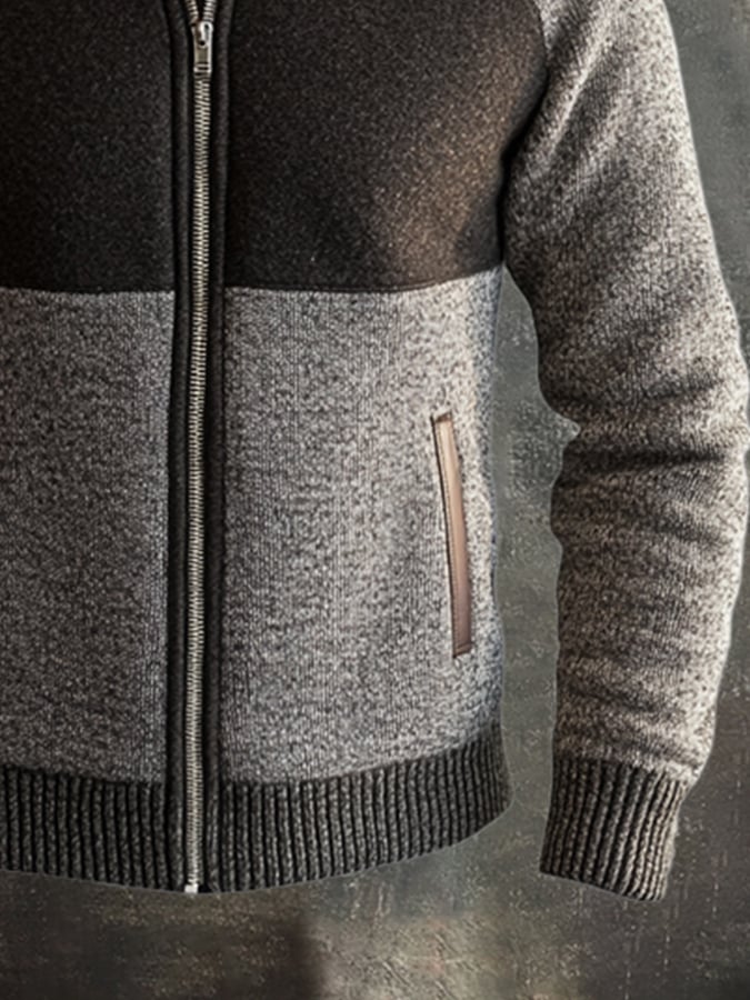 Men's Retro Stitching Contrast Leather Zipper Stand Collar Sweater Jacket