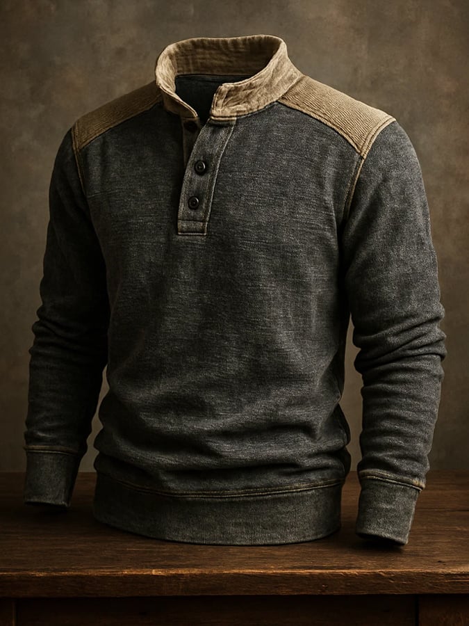 Men'S Casual Retro Contrast Color Stand Collar Long Sleeve Sweatshirt