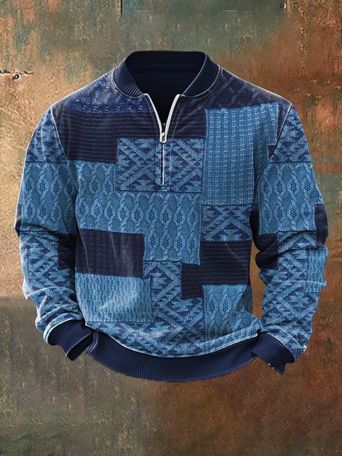 Men'S Casual Retro Contrast Color Half Zip Stand Collar Long Sleeve Sweatshirt