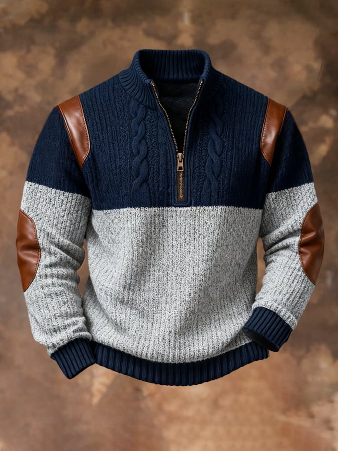 Men'S Vintage Patchwork Leather Contrast Wool