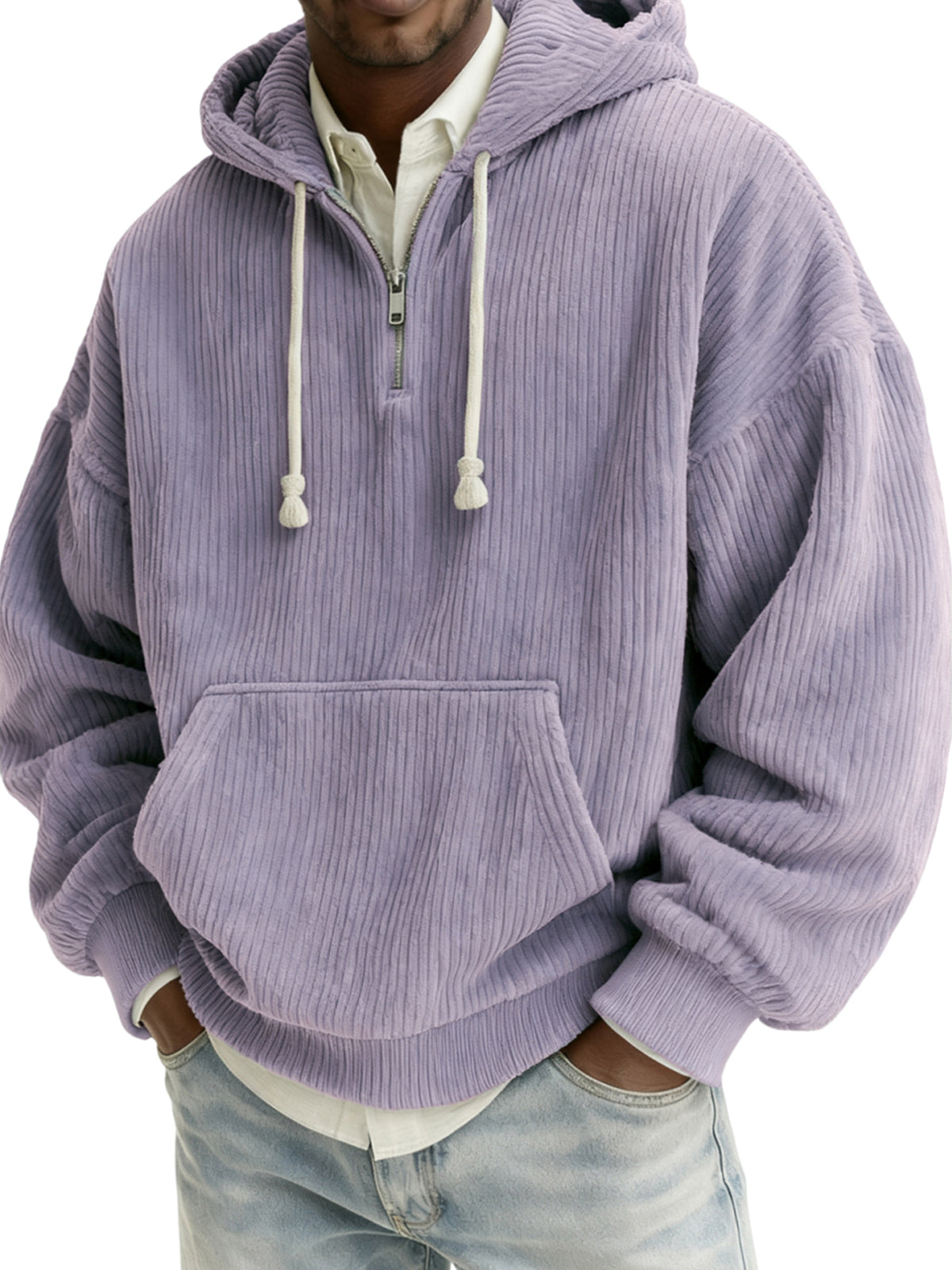 Men's Stylish Quarter-zip Corduroy Hooded Sweatshirt with Kangaroo Pockets