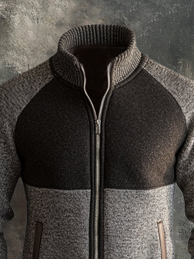 Men's Retro Stitching Contrast Leather Zipper Stand Collar Sweater Jacket
