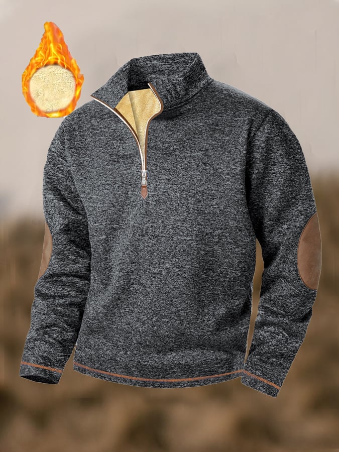 Men's Retro Stitching Contrast Color Lined Lambswool Zipper Neck Sweatshirt