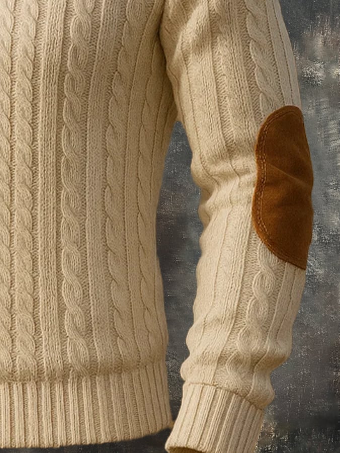 Men's Retro Stitching Contrast Color Button Stand Collar Wool Fisherman Sweater