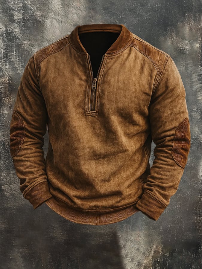 Men's Vintage Distressed Corduroy Stitching Zipper Collar Long-Sleeved Sweatshirt