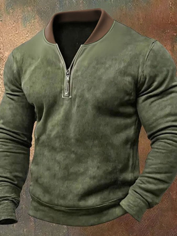 Men'S Casual Retro Contrast Color 1/4 Zip Stand Collar Long Sleeve Sweatshirt