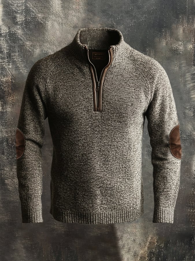 Men's Retro Stitching Contrast Leather Zipper Stand Neck Sweater