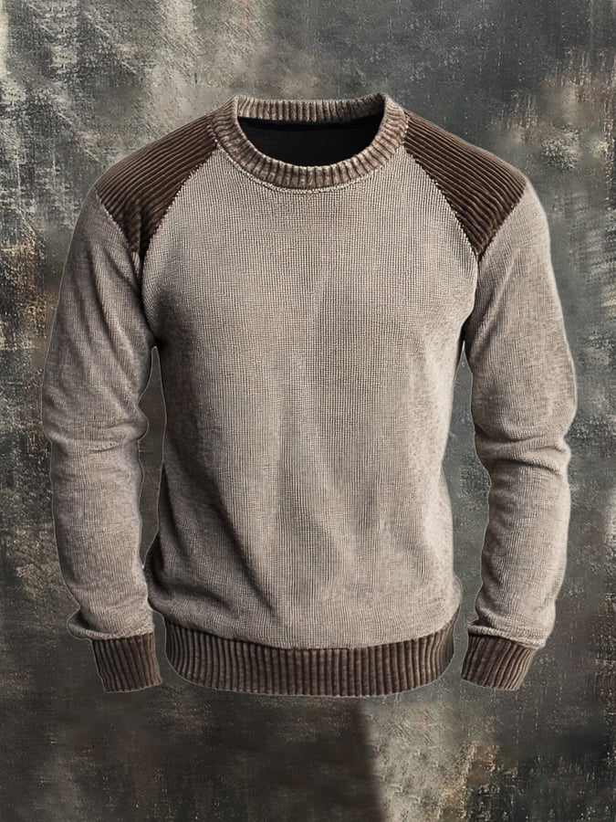 Men's Retro Stitching Contrast Color Casual Knitted Crew Neck Sweater