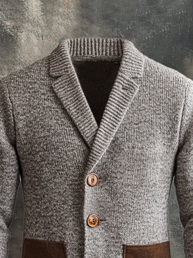Men's Retro Stitching Contrast Color Cashmere Button Lapel Sweater Jacket