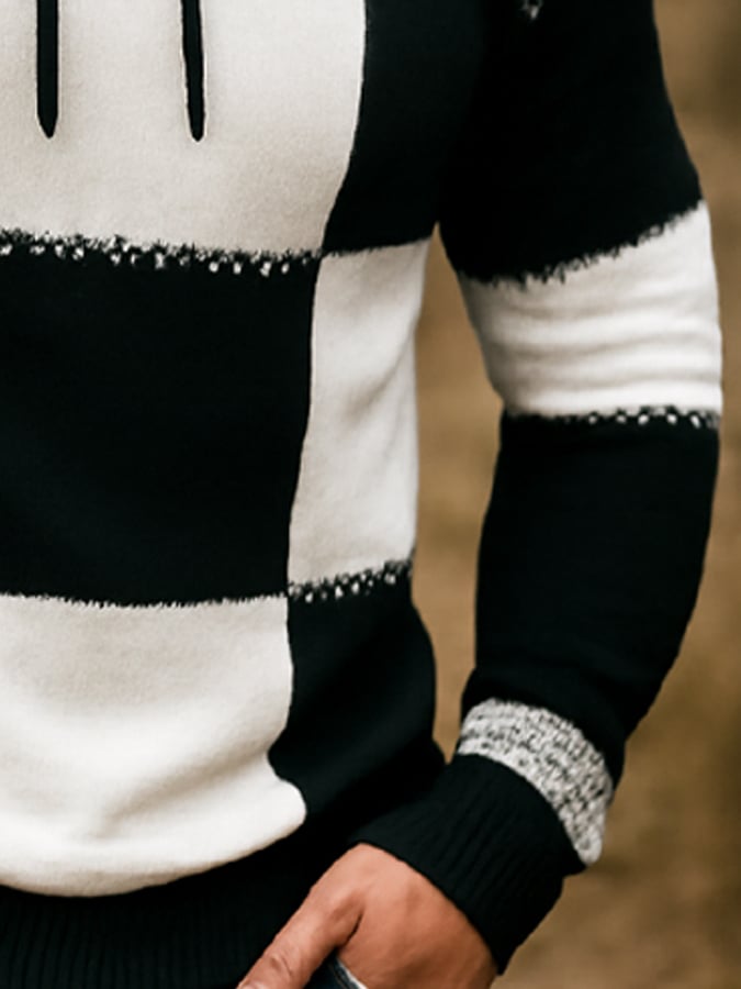 Men's Retro Stitching Contrast Color Zipper Neck Sweater