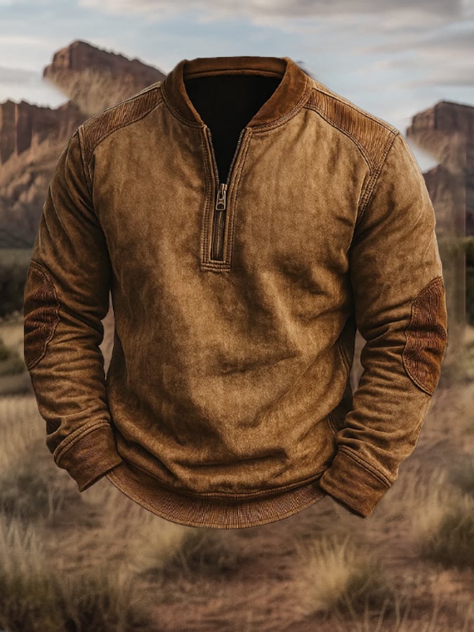 Men's Vintage Distressed Corduroy Stitching Zipper Collar Long-Sleeved Sweatshirt