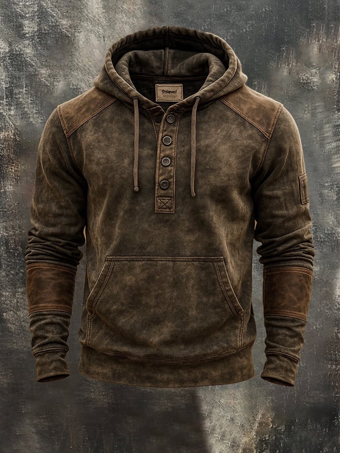Men's Vintage Distressed Leather Panel Hooded Sweatshirt