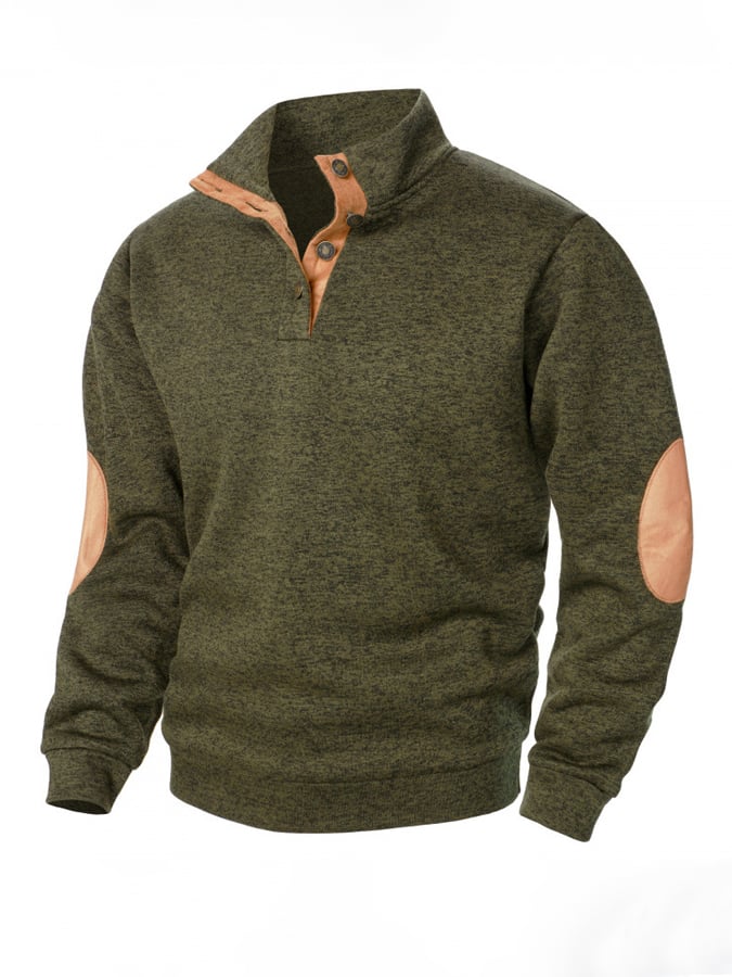 Men's Retro Stitching Contrast Color Henley Collar Long Sleeve Sweatshirt