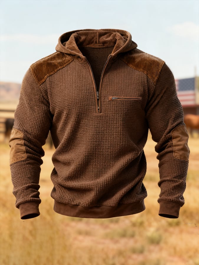 Men's Retro Waffle Panel Contrast Color Half-Zip Hooded Sweatshirt