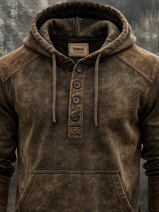 Men's Vintage Distressed Leather Panel Hooded Sweatshirt