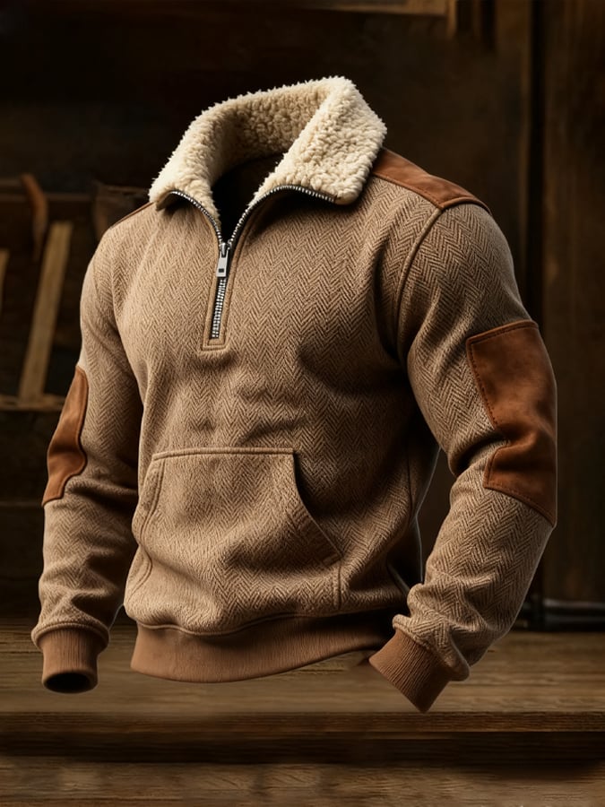 Men's Vintage Distressed Plush Turtleneck Long-Sleeved Sweatshirt