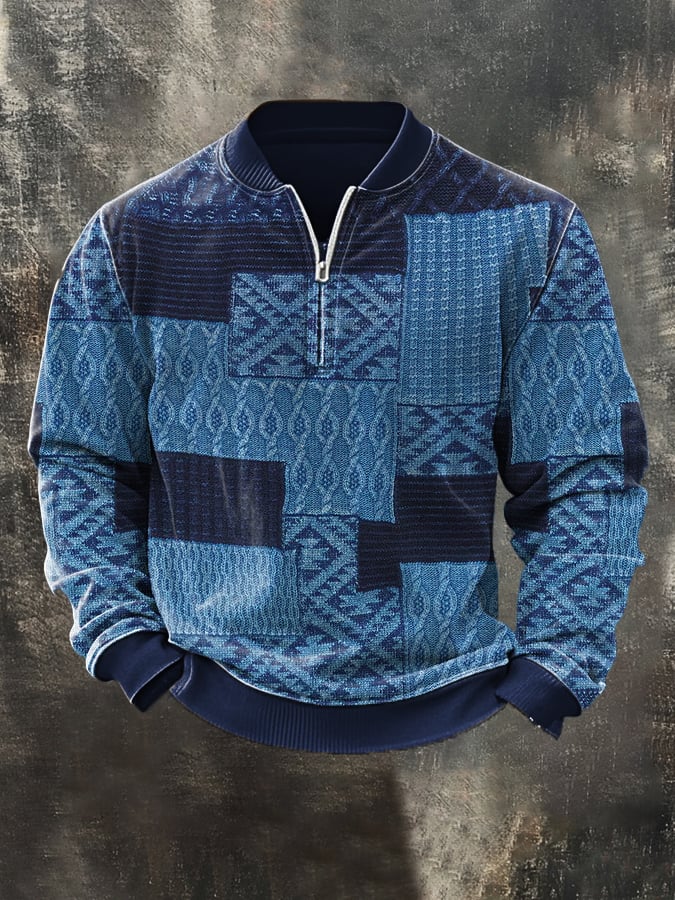 Men'S Casual Retro Contrast Color Half Zip Stand Collar Long Sleeve Sweatshirt