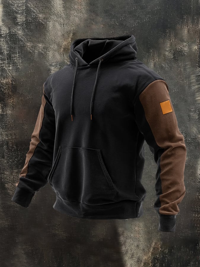 Men's Retro Stitching Contrast Color Hooded Pocket Casual Long Sleeve Sweatshirt