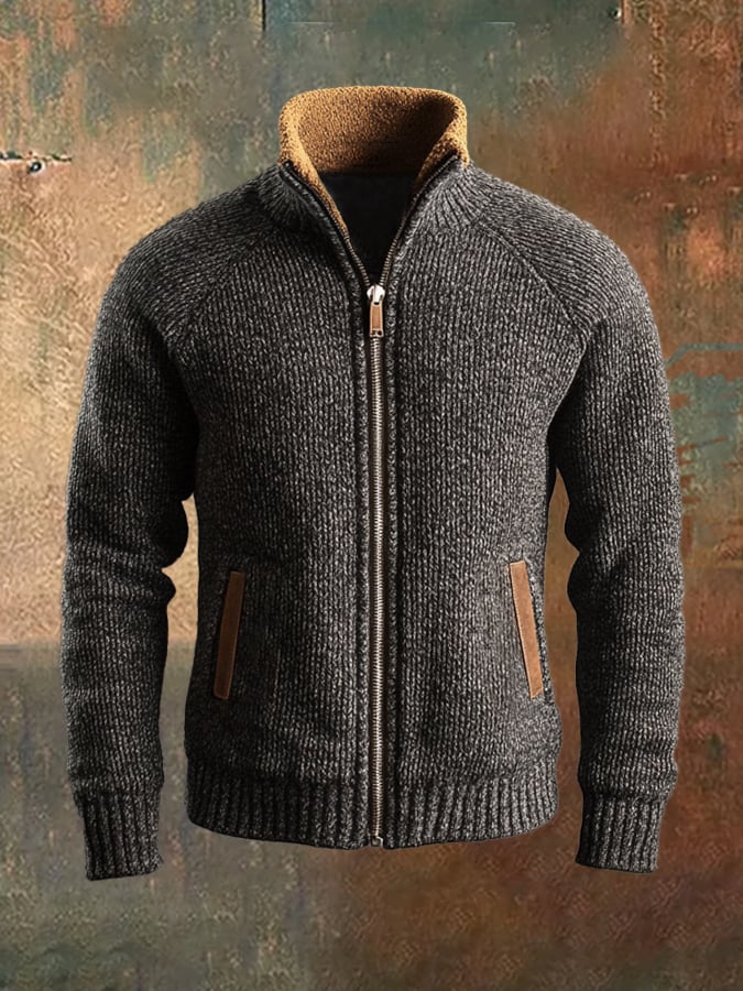 Men's Retro Stitching Contrast Leather Zipper Stand Collar Sweater Jacket