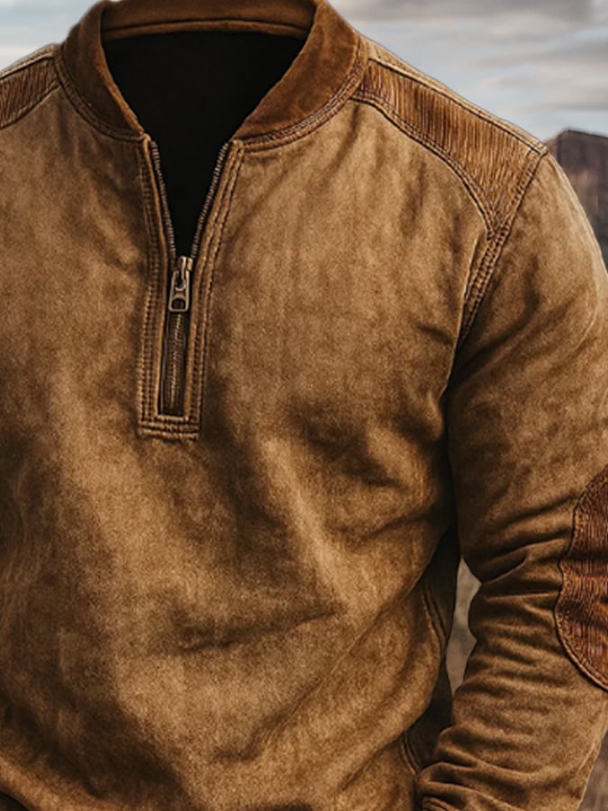 Men's Vintage Distressed Corduroy Stitching Zipper Collar Long-Sleeved Sweatshirt