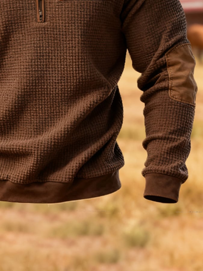 Men's Retro Waffle Panel Contrast Color Half-Zip Hooded Sweatshirt