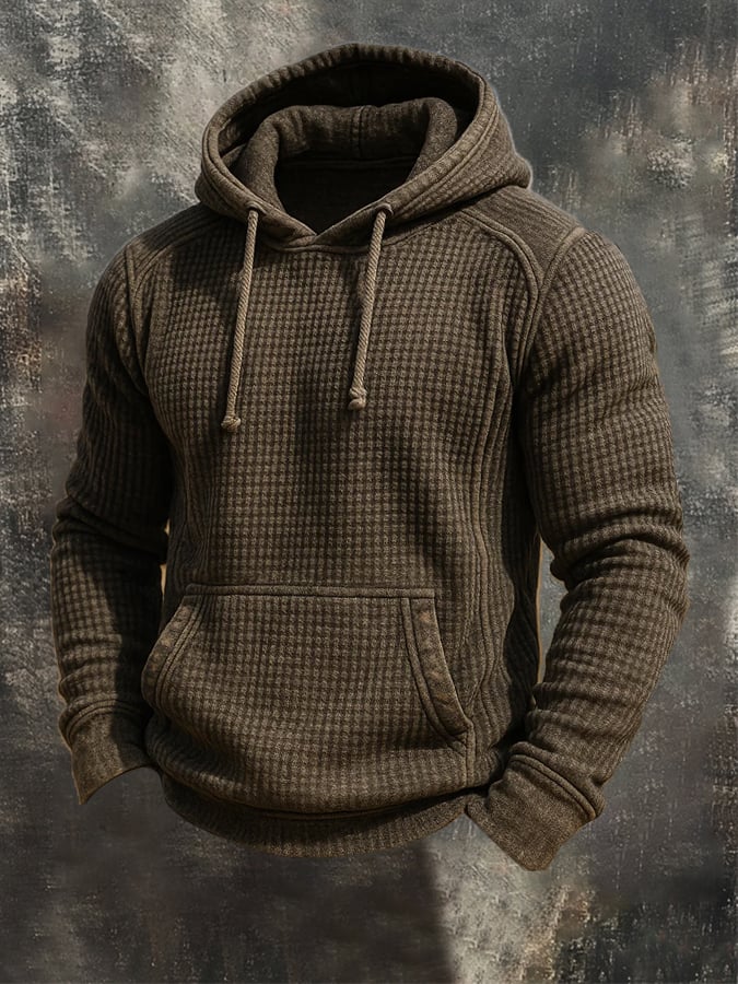 Men's Retro Knitted Waffle 3D Texture Hooded Casual Long-sleeved Sweatshirt
