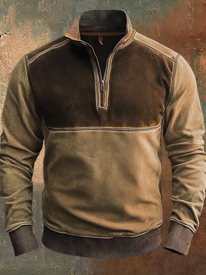 Men'S Casual Retro Contrast Color Zipper Stand Collar Long Sleeve Sweatshirt