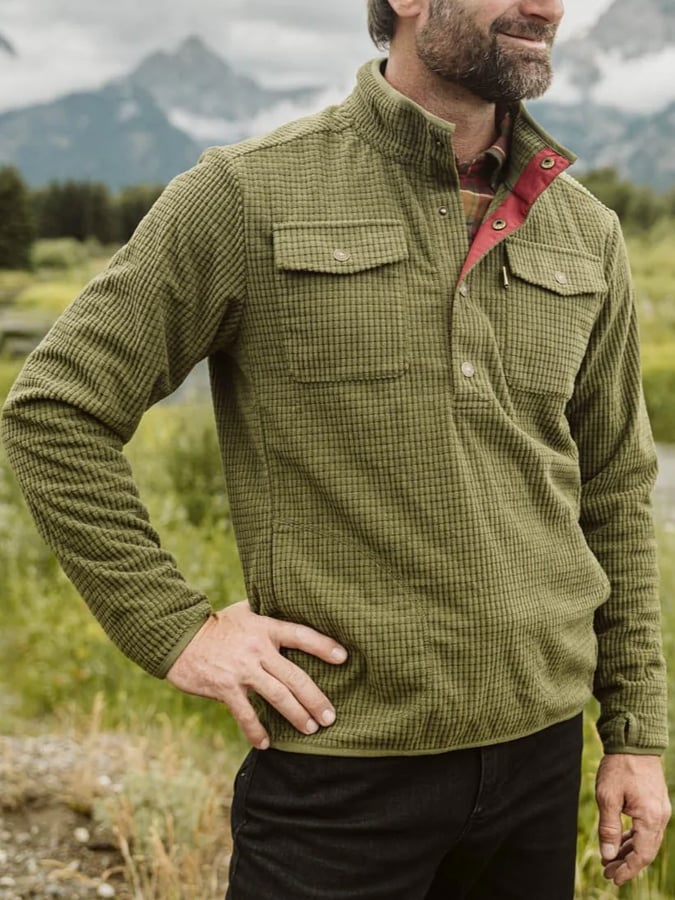 Men'S Stylish Waffle Colorblock Casual Henley Sweatshirt