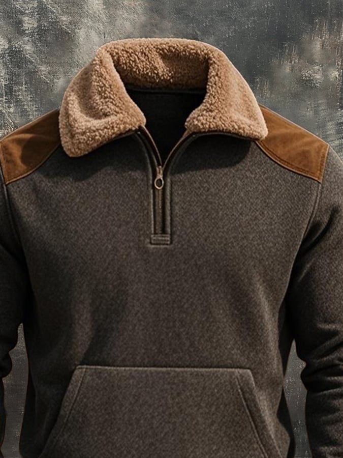 Men's Retro Warm Splicing Zipper Fur Collar Long Sleeve Sweatshirt