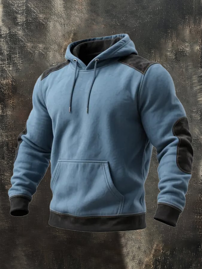 Men's Retro Stitching Contrast Color Hooded Pocket Casual Long Sleeve Sweatshirt