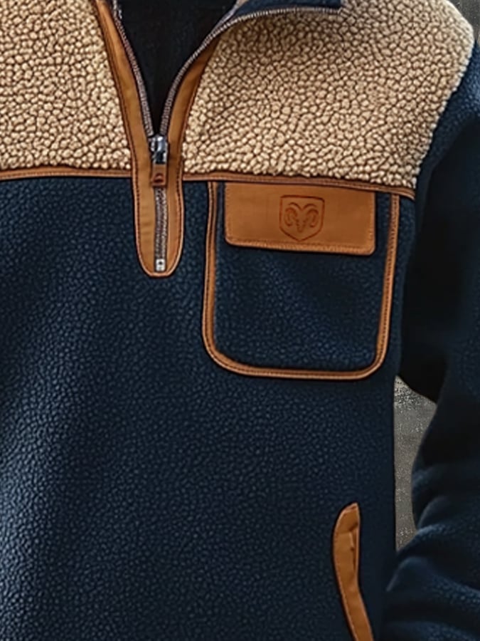 Men's Vintage Lambskin Splicing Zipper Long Sleeve Sweatshirt