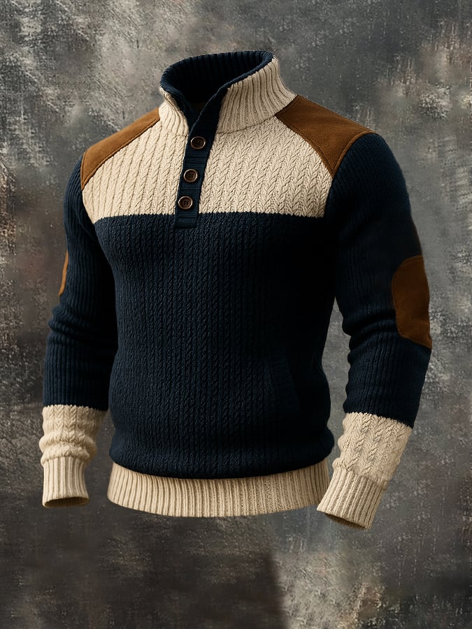 Men's Retro Stitching Contrast Color Button Stand Collar Wool Fisherman Sweater
