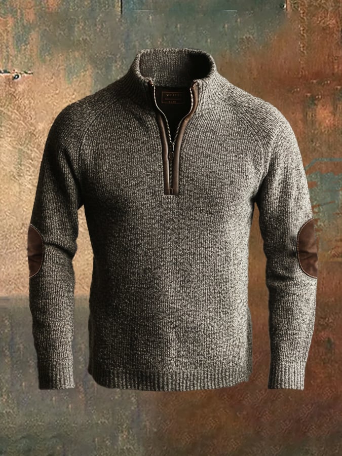 Men's Retro Stitching Contrast Leather Zipper Stand Neck Sweater