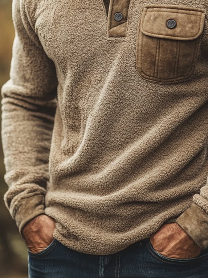 Men's Retro Polar Fleece Stitching Contrast Color Warm Casual Henley Collar Sweatshirt