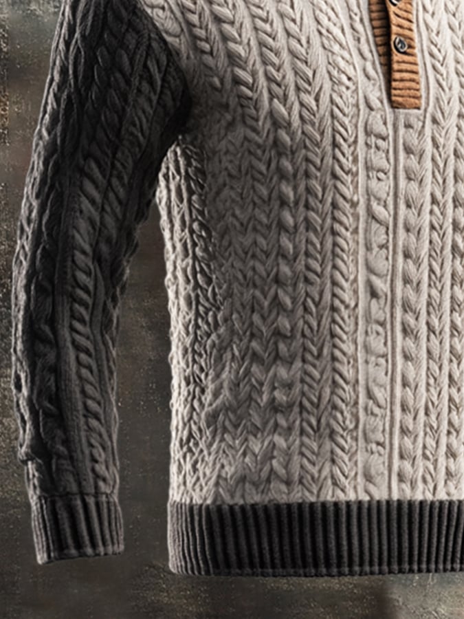 Men's Retro Cable-Twist Textured Henley Neck Sweater