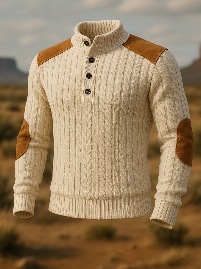 Men's Retro Stitching Contrast Color Button Stand Collar Wool Fisherman Sweater