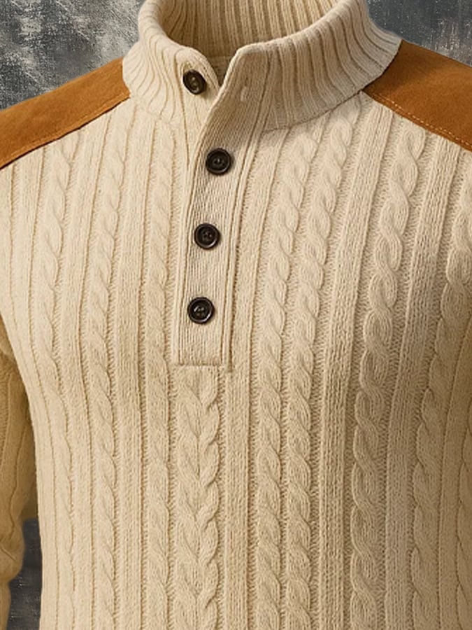 Men's Retro Stitching Contrast Color Button Stand Collar Wool Fisherman Sweater