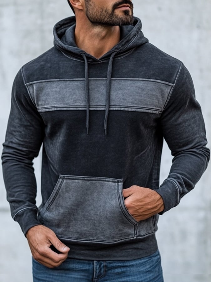 Men'S Stylish Patchwork Contrast Color Casual Hooded Sweatshirt