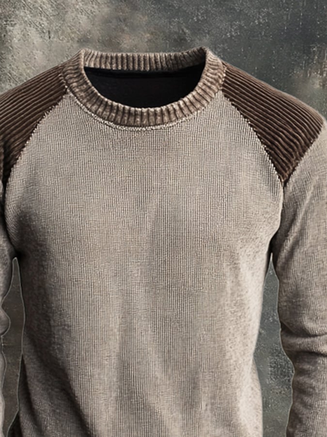 Men's Retro Stitching Contrast Color Casual Knitted Crew Neck Sweater