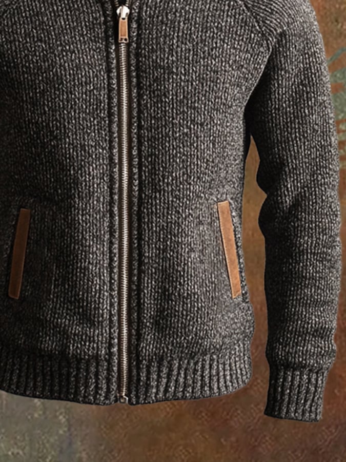 Men's Retro Stitching Contrast Leather Zipper Stand Collar Sweater Jacket