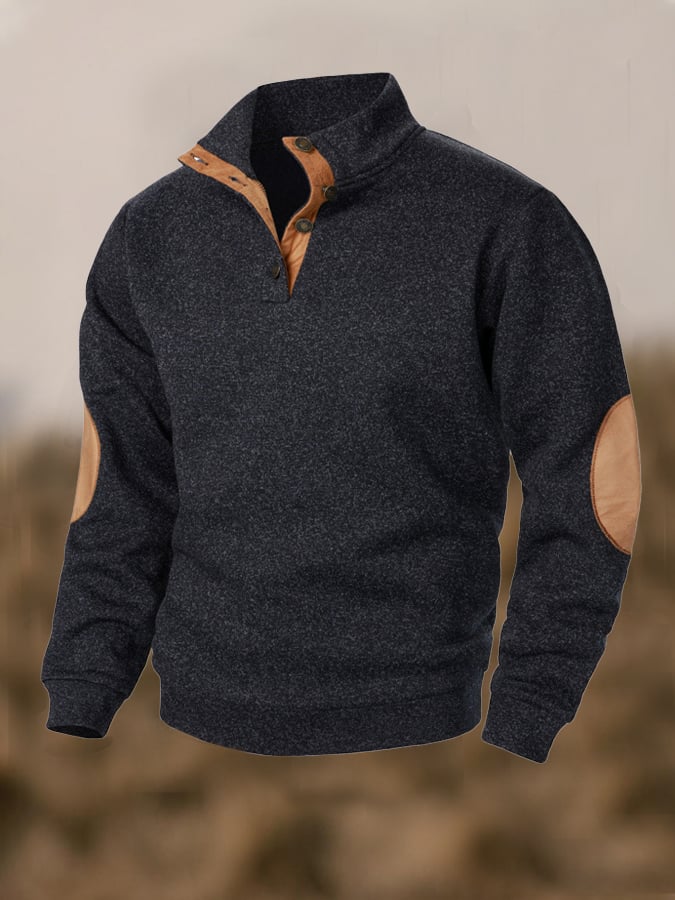 Men's Retro Stitching Contrast Color Henley Collar Long Sleeve Sweatshirt
