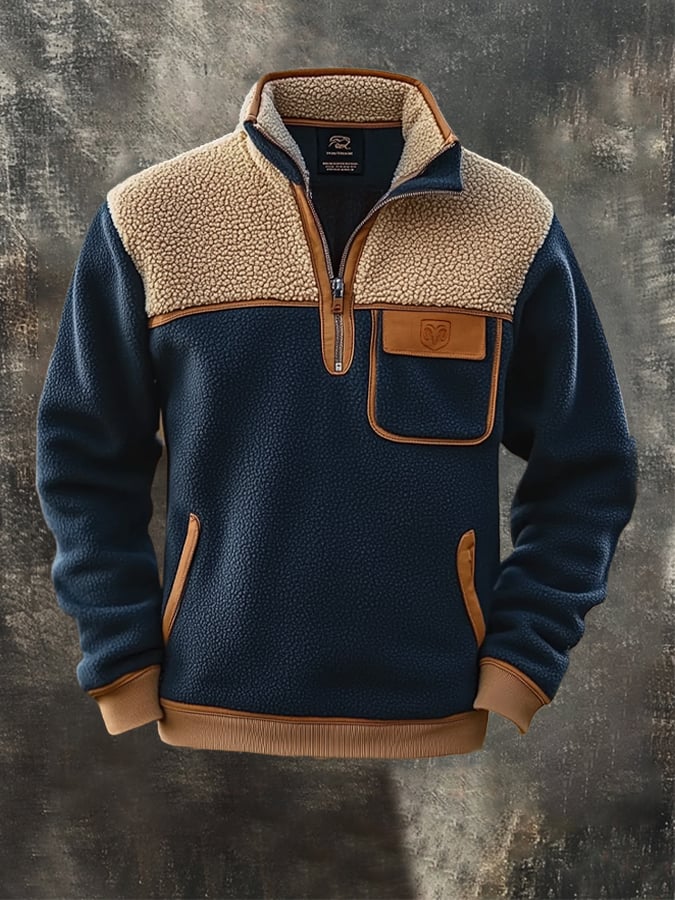 Men's Vintage Lambskin Splicing Zipper Long Sleeve Sweatshirt